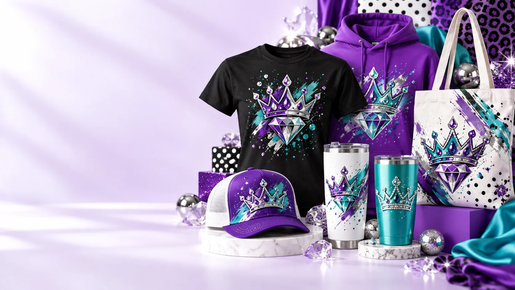 Illustrative purple and teal apparel, tumblers, cap and tote with crown and diamond designs